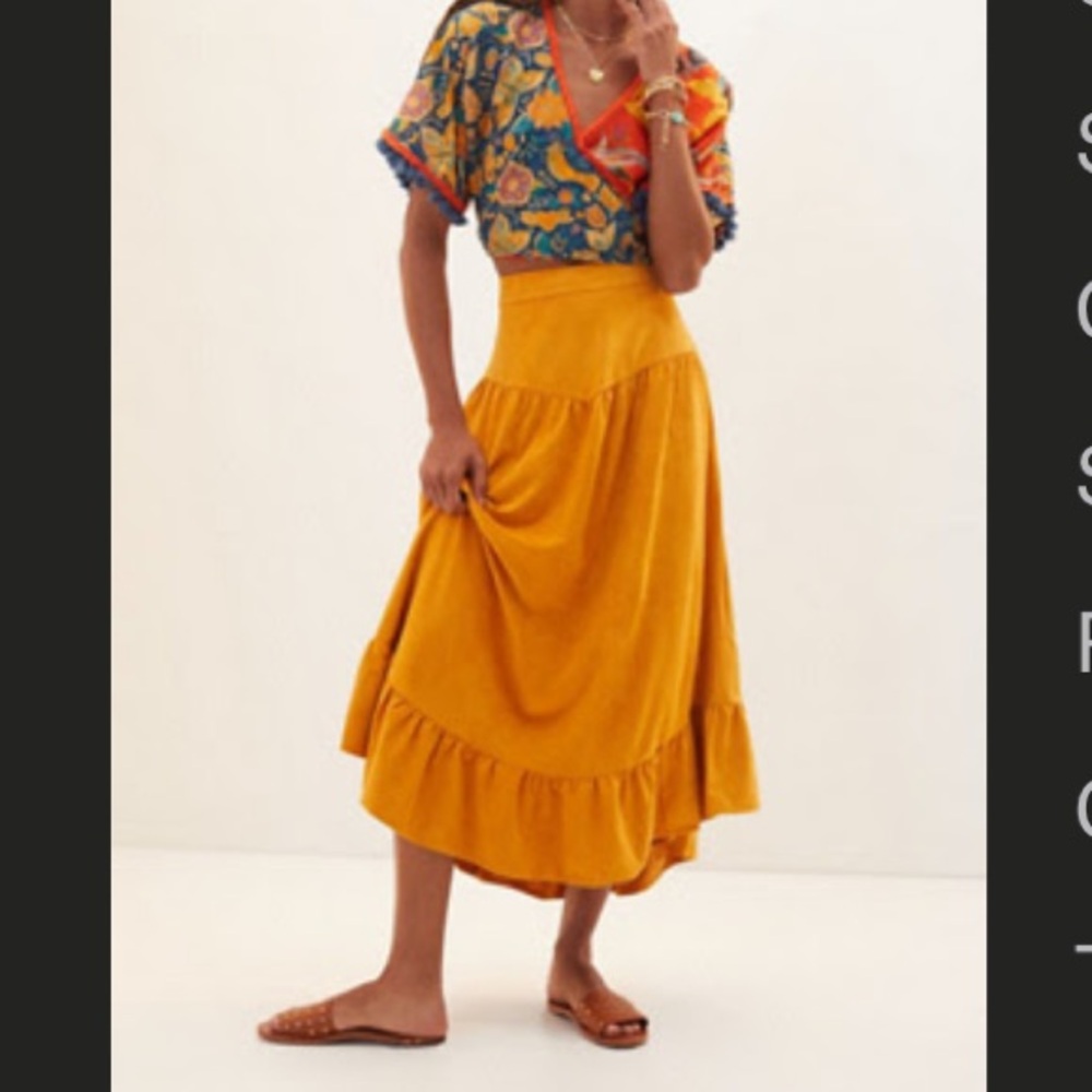 Anthropologie Yellow A-Line Midi Skirt with Ruffled High-Low Hem